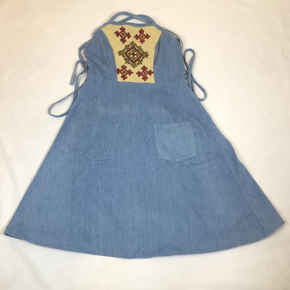 Slantzi Craft Vintage Denim Wrap Dress Embroidered Apron Style Stowe VT Small - Picture 9 of 10